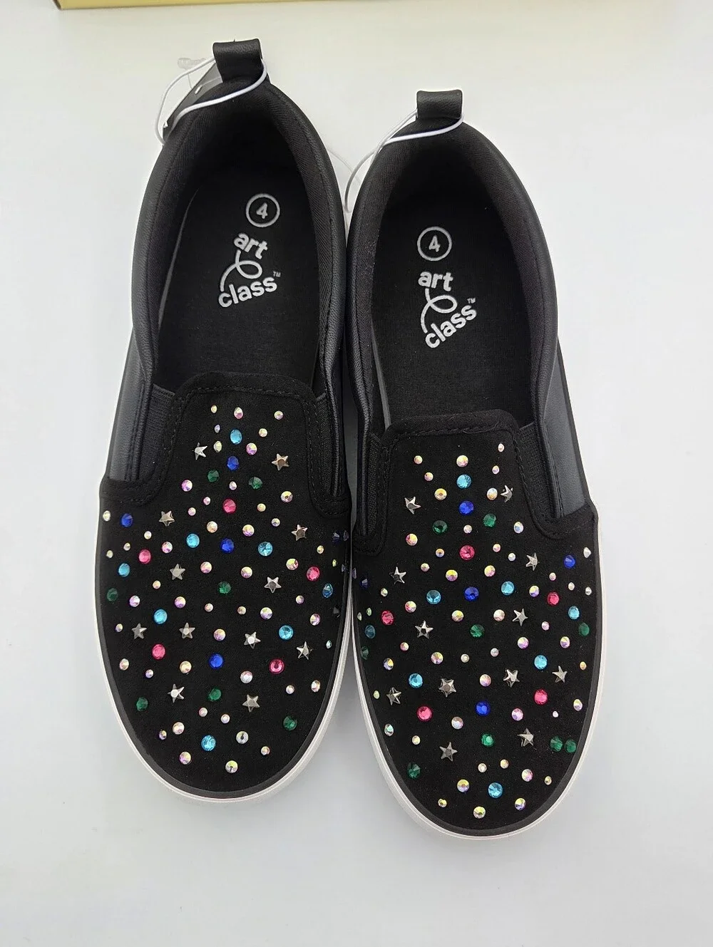 Art Class Girls Black Slip-On Sneakers with Multicolor Studs 4 NIB
